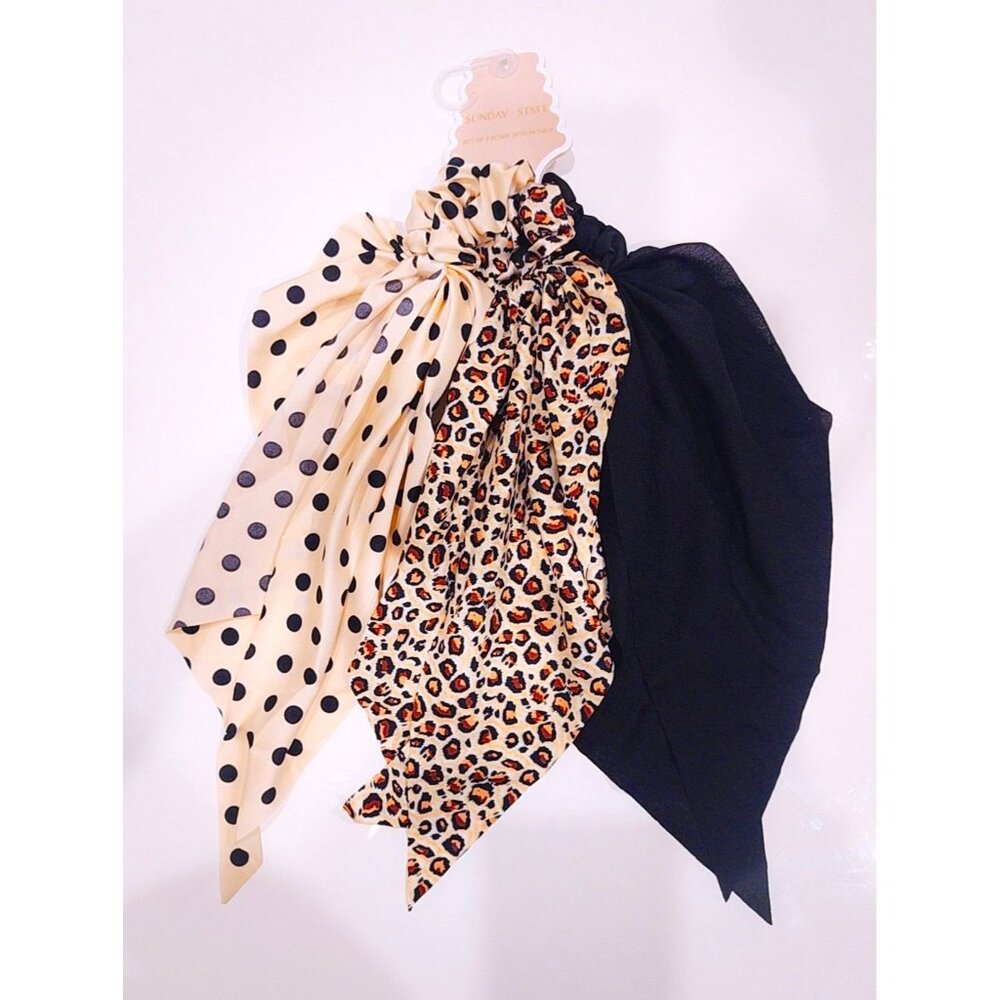 Sunday State Set Of 3 Scarf Scrunchies - Polka Dot Leopard Print & Solid Black